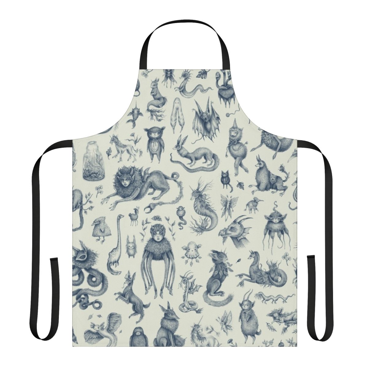 Apron featuring a pastel pattern with various magical and mythological creatures like Bigfoot, Loch Ness Monster, and dragons.