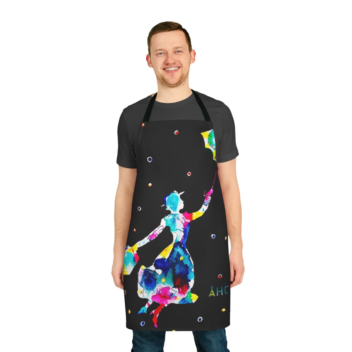 Colorful and whimsical Mary Poppins inspired apron with watercolor art