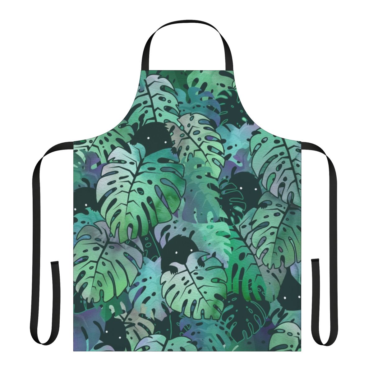 Colorful monstera leaf pattern printed on a white apron