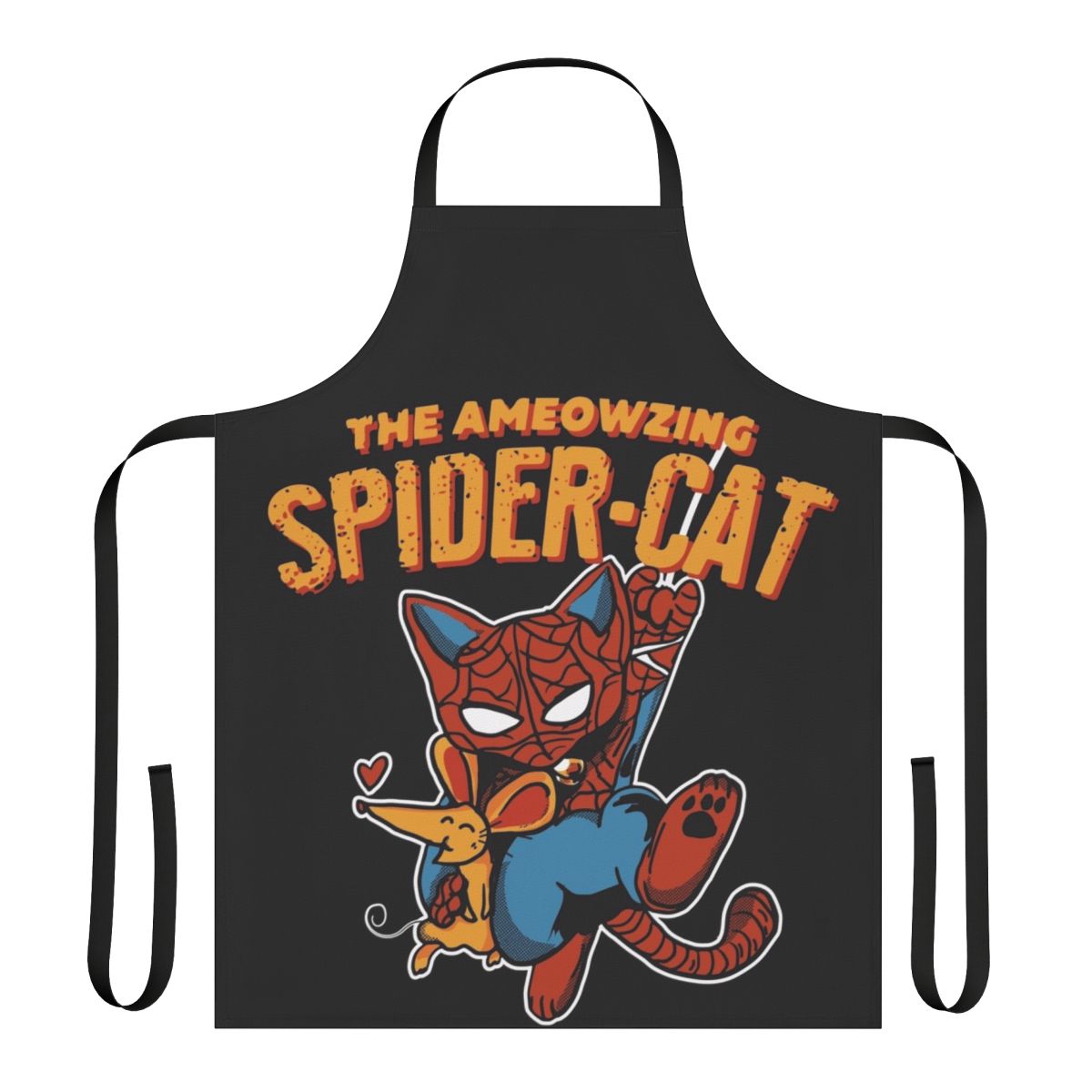 Whimsical apron featuring a cat in a superhero costume rescuing a mouse