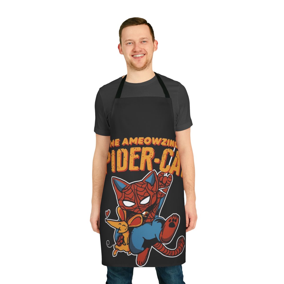 Whimsical apron featuring a cat in a superhero costume rescuing a mouse