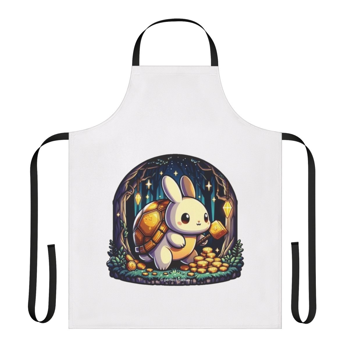 Apron featuring a whimsical design of a golden turtle and rabbit, two legendary animals from folklore