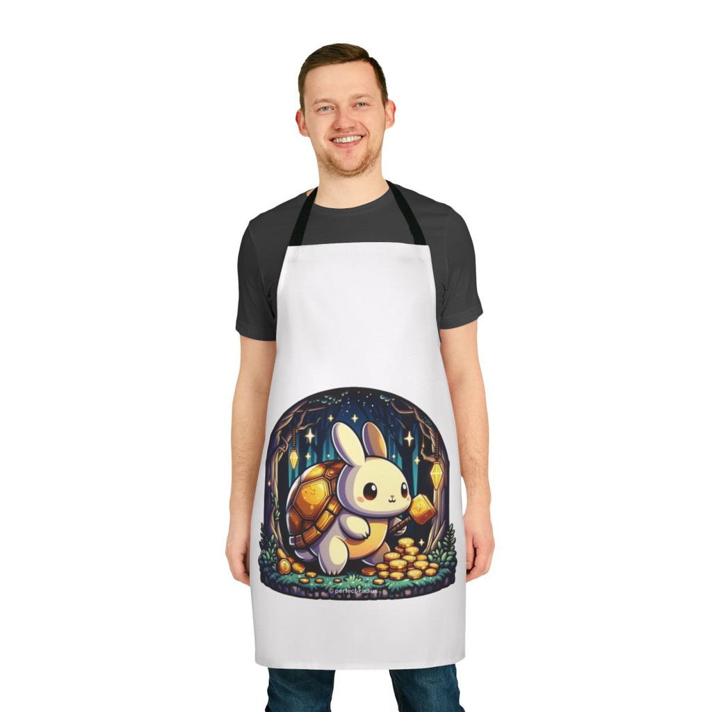 Apron featuring a whimsical design of a golden turtle and rabbit, two legendary animals from folklore