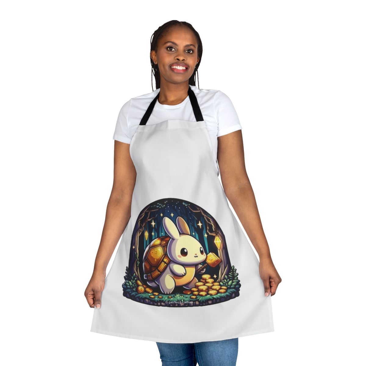 Apron featuring a whimsical design of a golden turtle and rabbit, two legendary animals from folklore