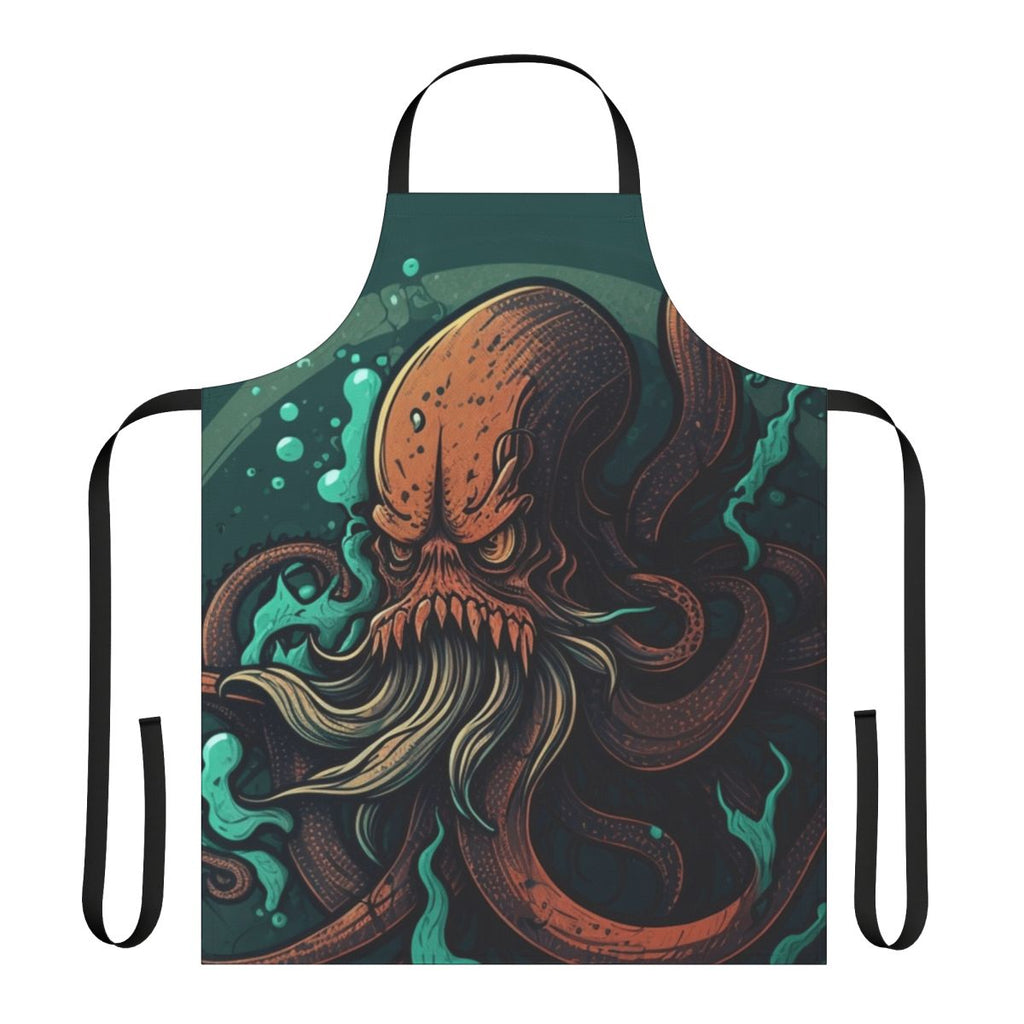 An apron featuring illustrations of various mythical sea creatures and legendary ocean beasts.