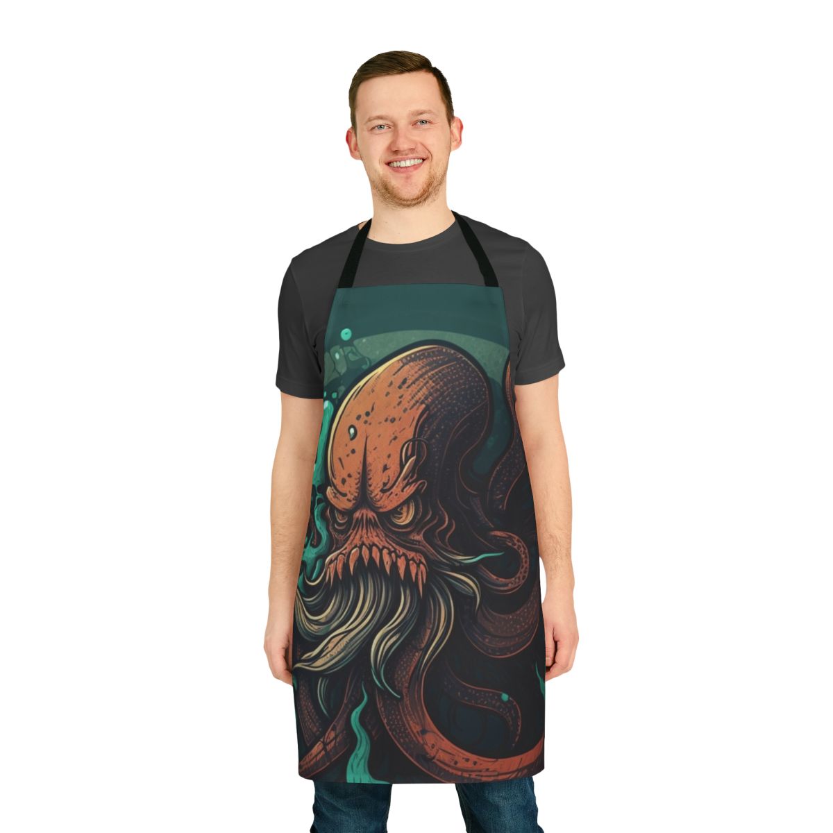 An apron featuring illustrations of various mythical sea creatures and legendary ocean beasts.