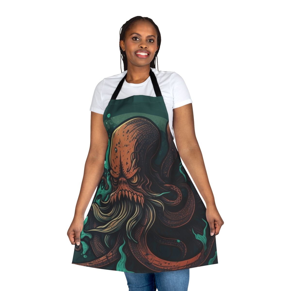 An apron featuring illustrations of various mythical sea creatures and legendary ocean beasts.