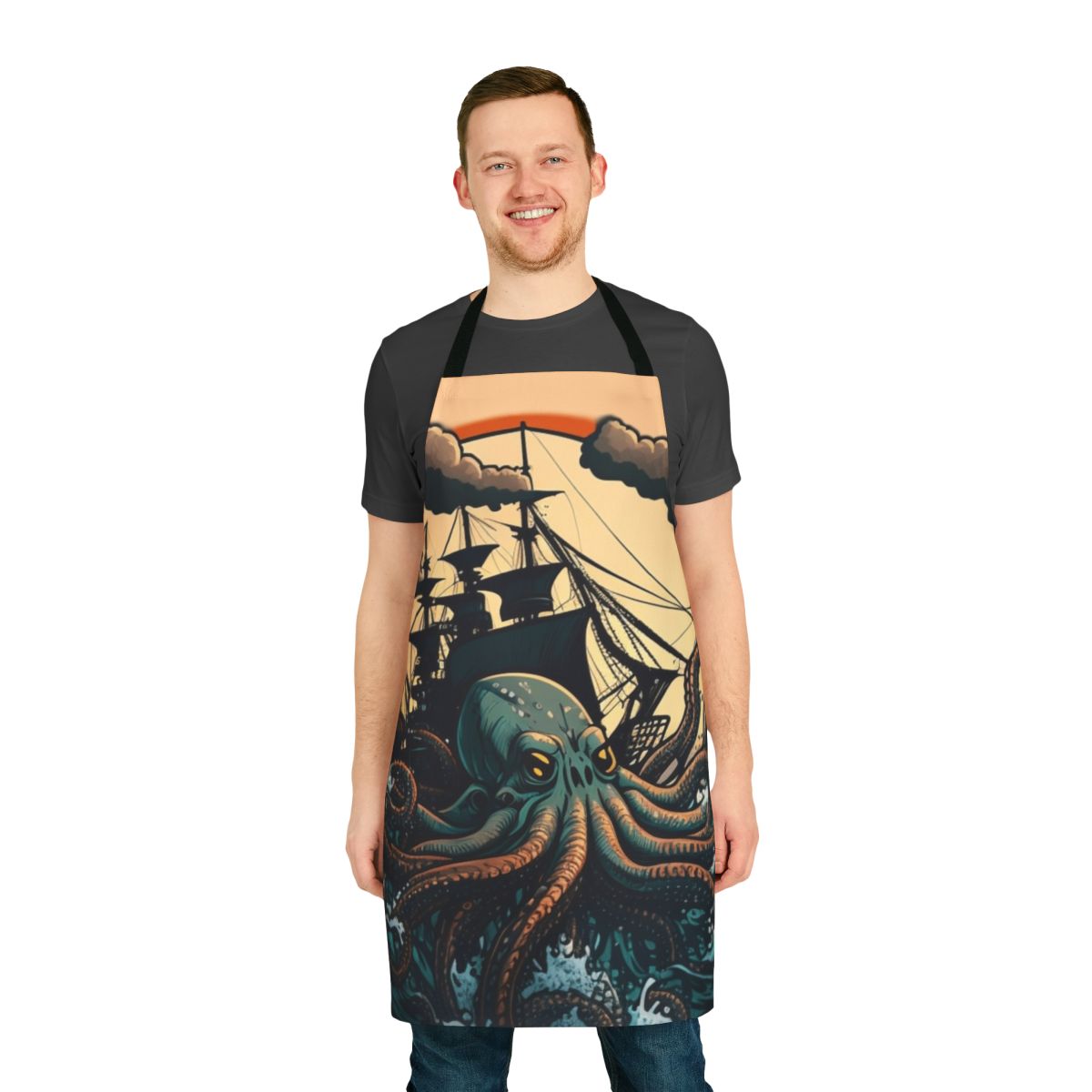 Apron featuring illustrated mythical sea creatures, including legendary beasts, fantasy ocean animals, and enchanted aquatic life.
