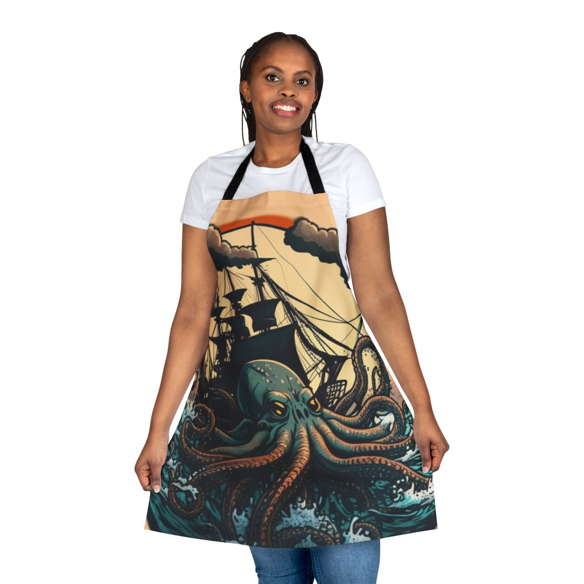 Apron featuring illustrated mythical sea creatures, including legendary beasts, fantasy ocean animals, and enchanted aquatic life.