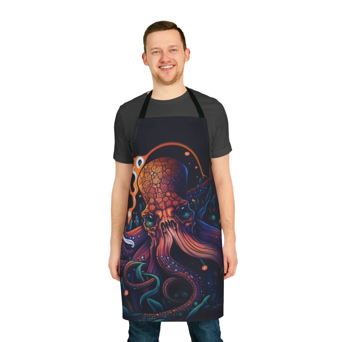 Whimsical apron featuring a variety of mythical sea creatures