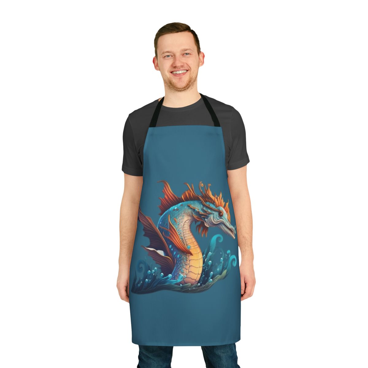 Apron featuring mythical sea creatures like mermaids, krakens, and sea monsters in a whimsical, fantasy design.