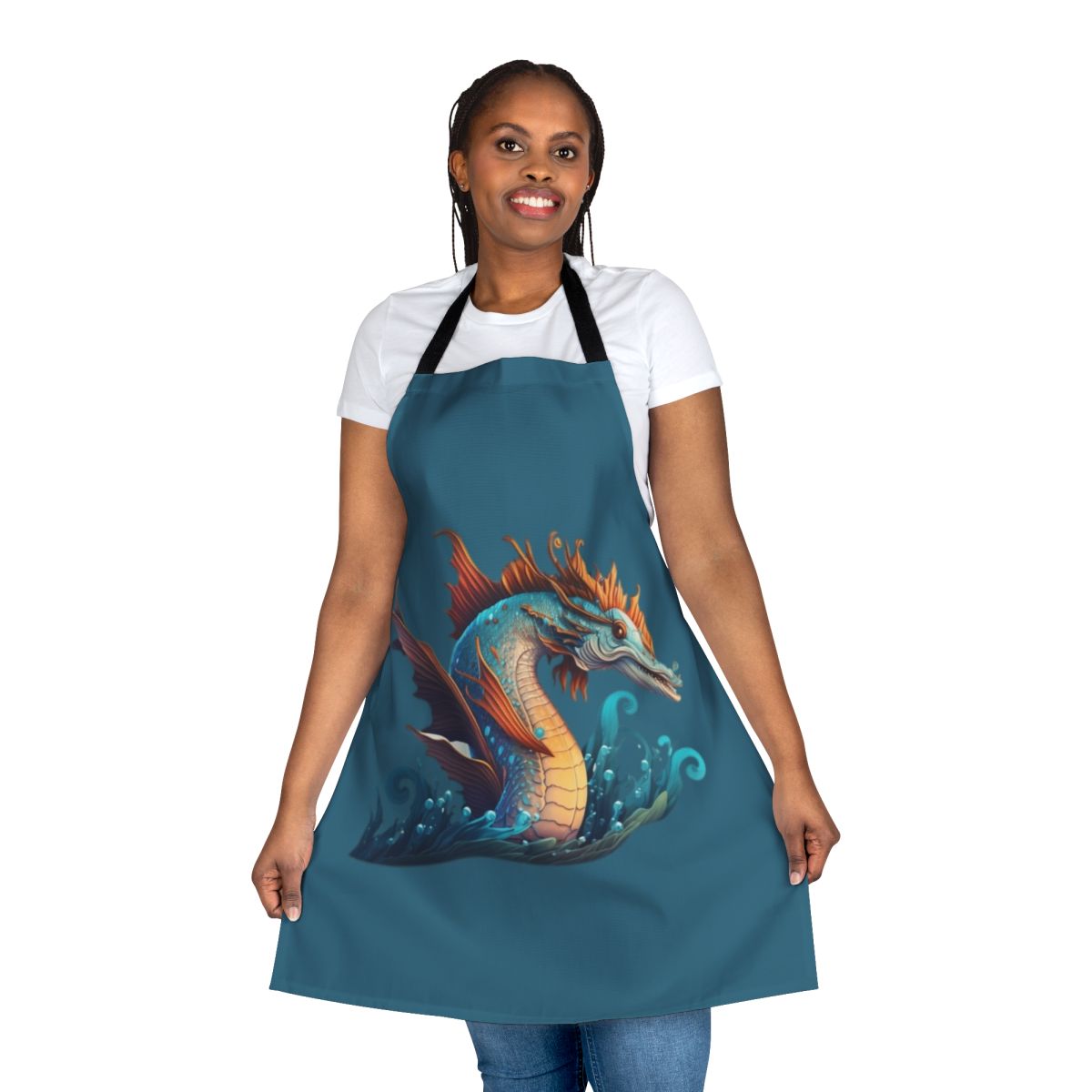 Apron featuring mythical sea creatures like mermaids, krakens, and sea monsters in a whimsical, fantasy design.