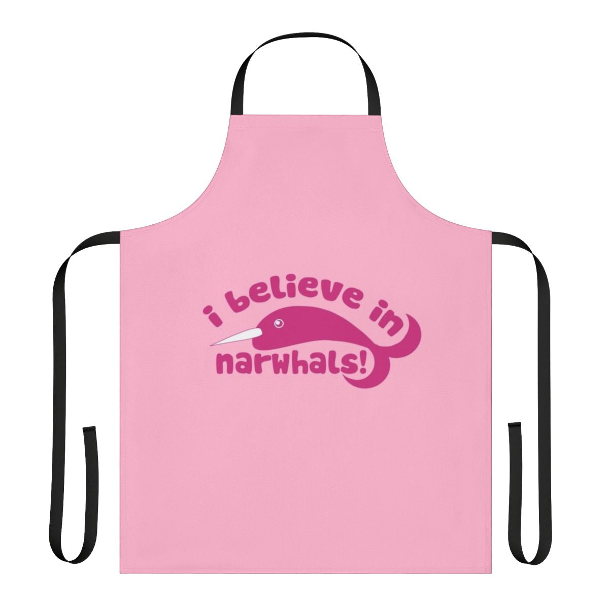 A pink apron with a cute narwhal design, perfect for the narwhal lover in your life