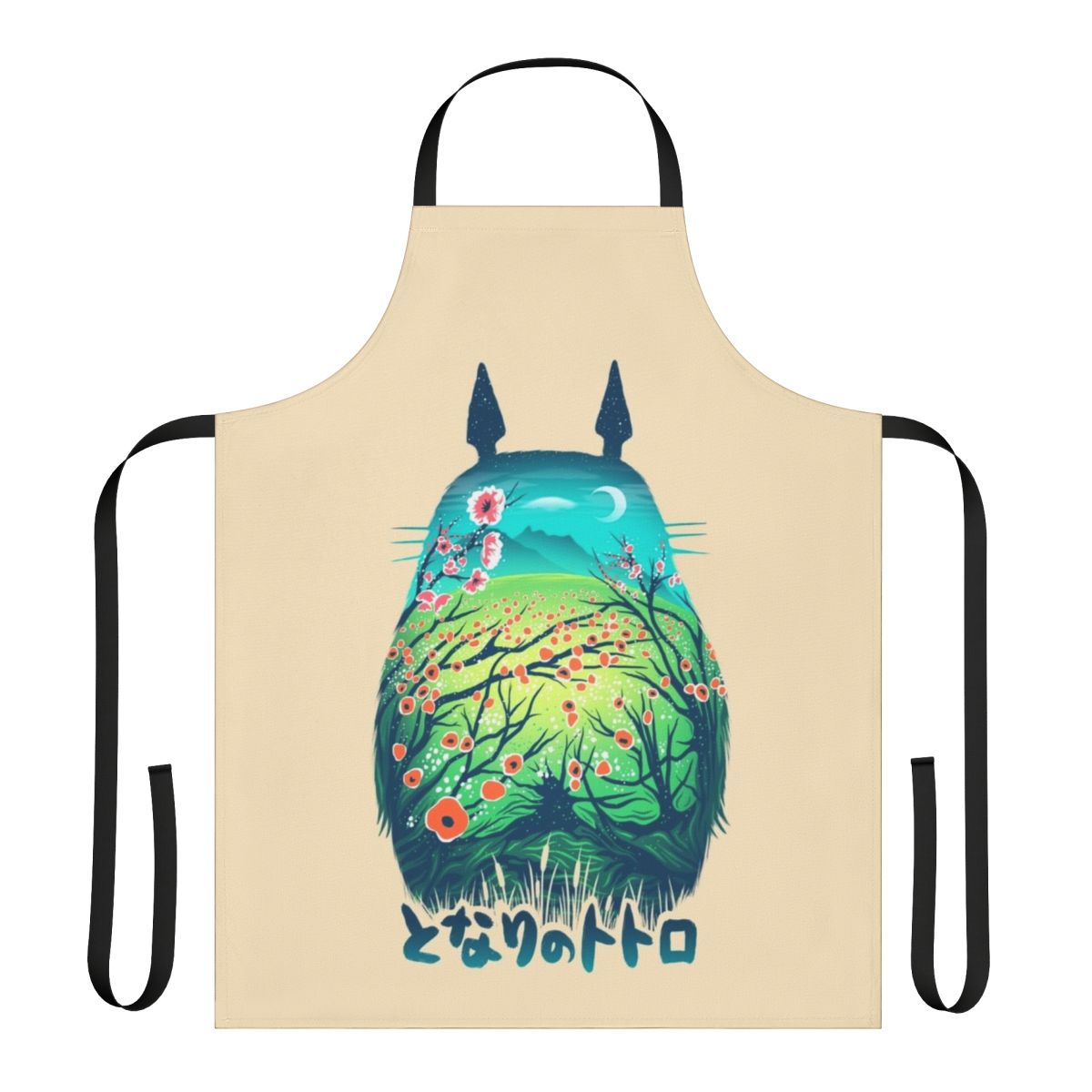 A vibrant, nature-inspired apron with Japanese-style illustrations depicting a neighborhood scene.