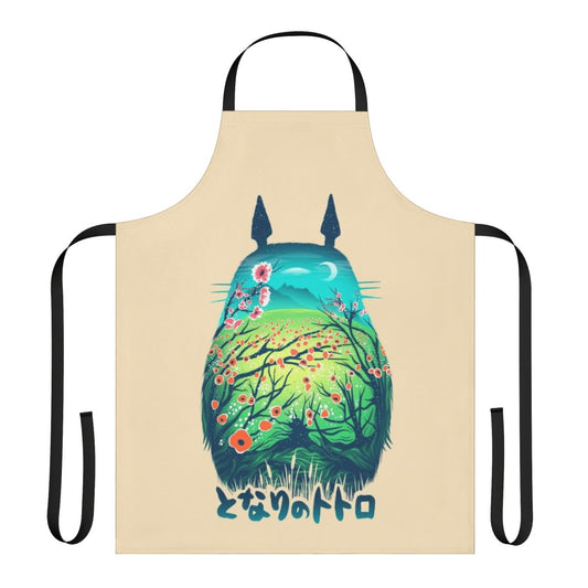 A vibrant, nature-inspired apron with Japanese-style illustrations depicting a neighborhood scene.
