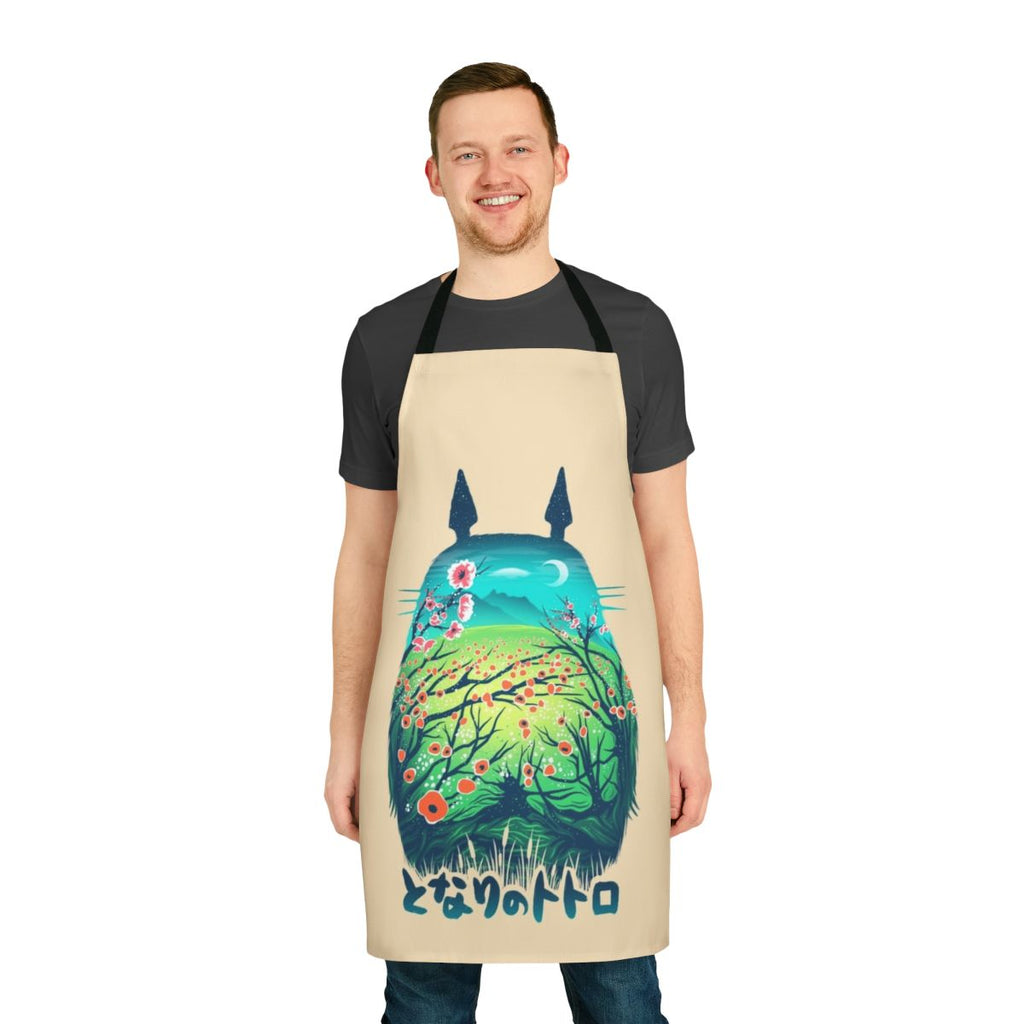 A vibrant, nature-inspired apron with Japanese-style illustrations depicting a neighborhood scene.