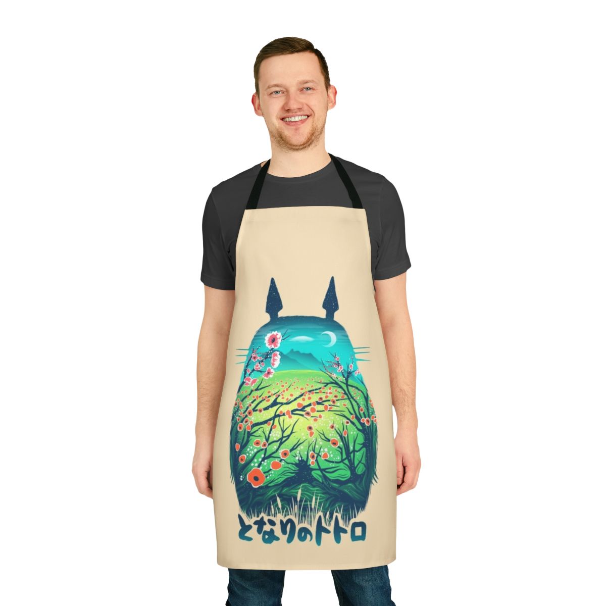 A vibrant, nature-inspired apron with Japanese-style illustrations depicting a neighborhood scene.