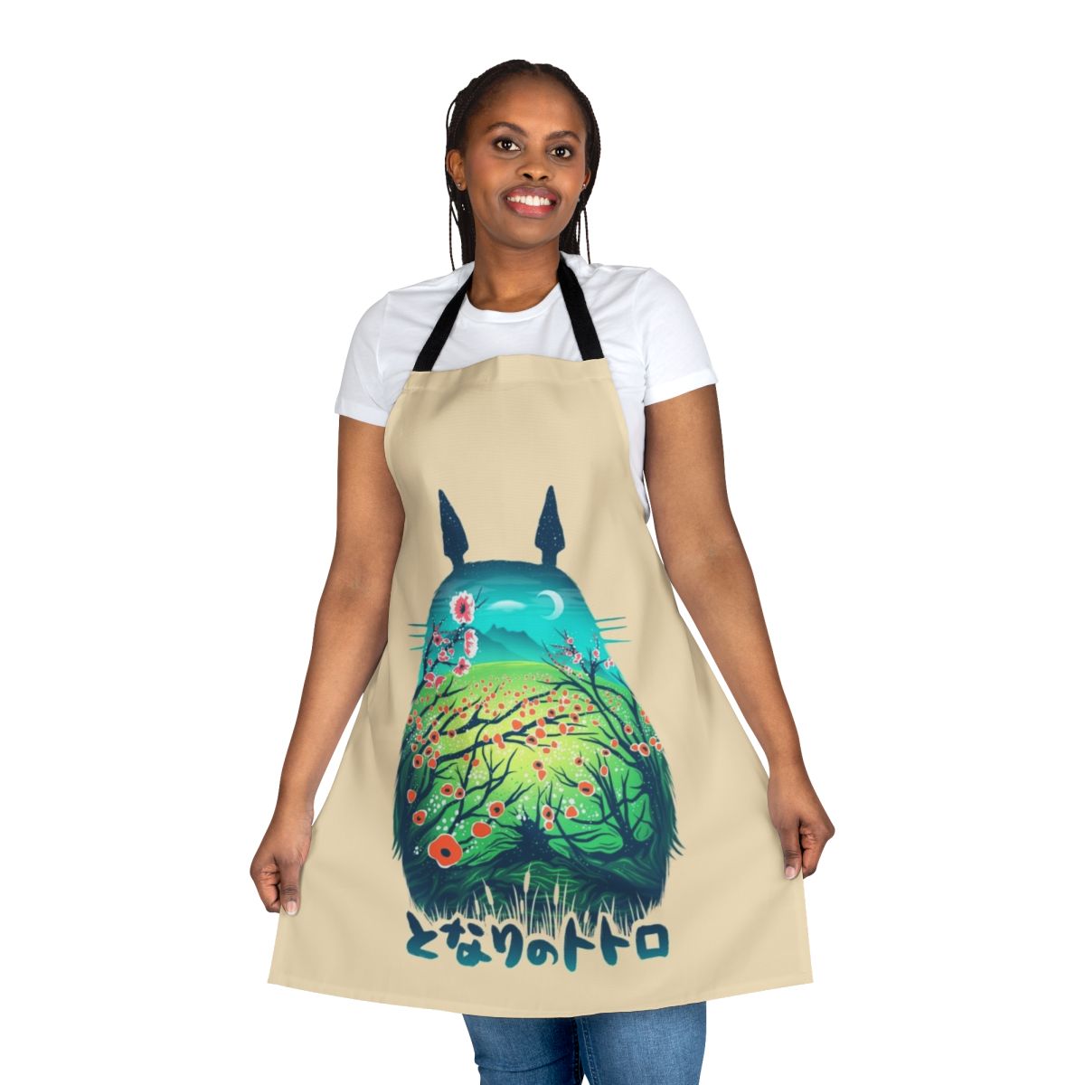 A vibrant, nature-inspired apron with Japanese-style illustrations depicting a neighborhood scene.