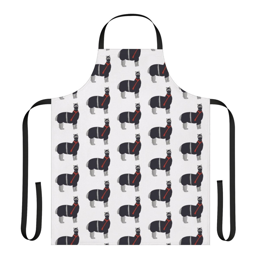 A black and white apron featuring a cartoon llama dressed as a ninja.