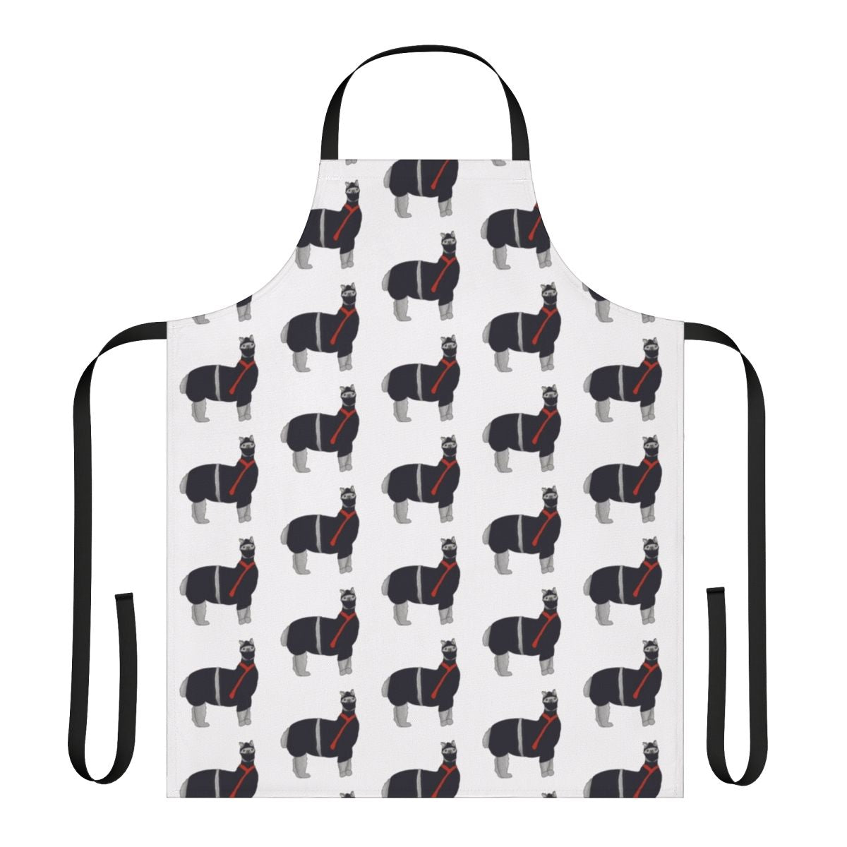 A black and white apron featuring a cartoon llama dressed as a ninja.