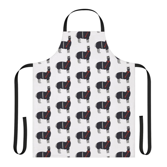 A black and white apron featuring a cartoon llama dressed as a ninja.
