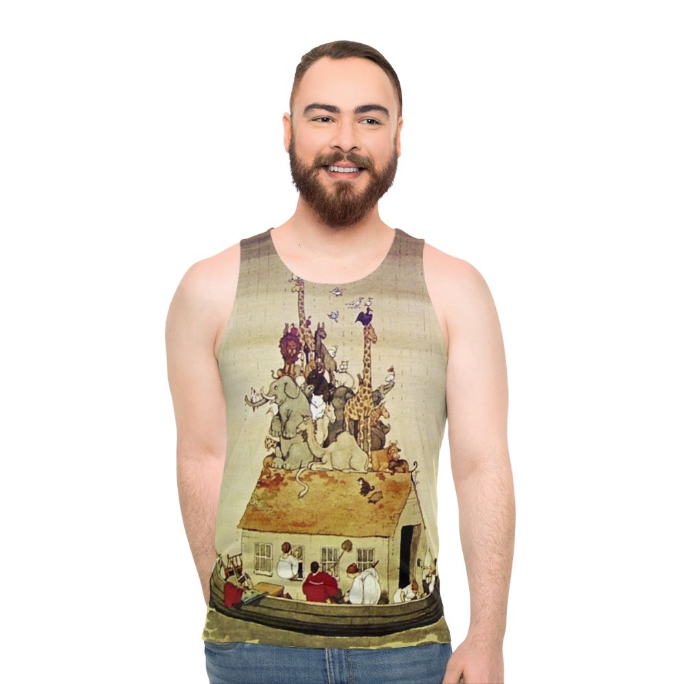 Whimsical Noah's Ark fantasy art illustration on a unisex tank top