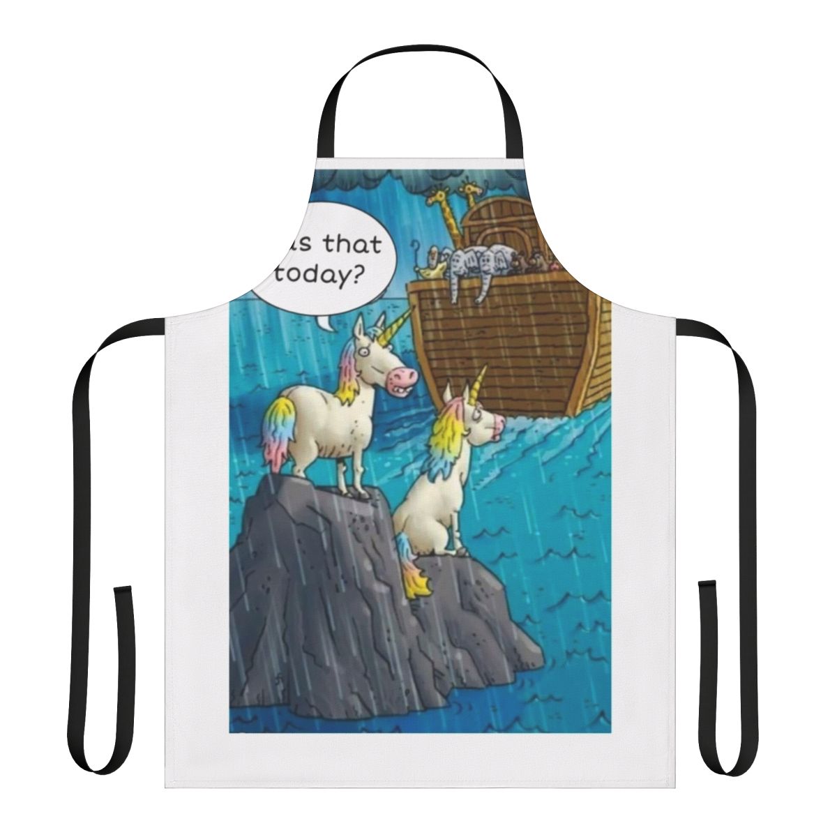 Apron featuring a cute and humorous unicorn design with the Noah's Ark story