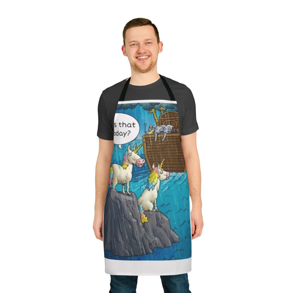 Apron featuring a cute and humorous unicorn design with the Noah's Ark story