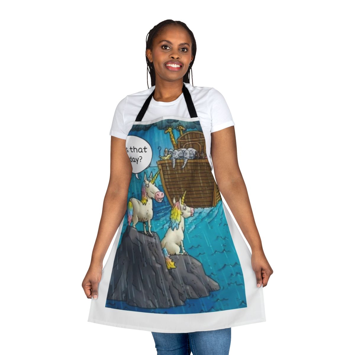 Apron featuring a cute and humorous unicorn design with the Noah's Ark story