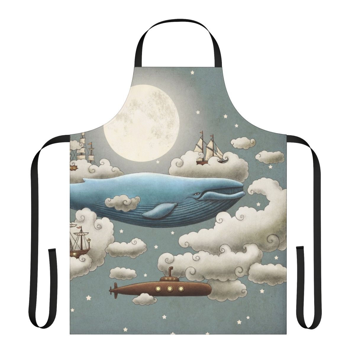 Digital illustration of an apron featuring a whimsical, nautical scene with an ocean, sky, and various elements like a blue whale, tall ships, and a submarine.