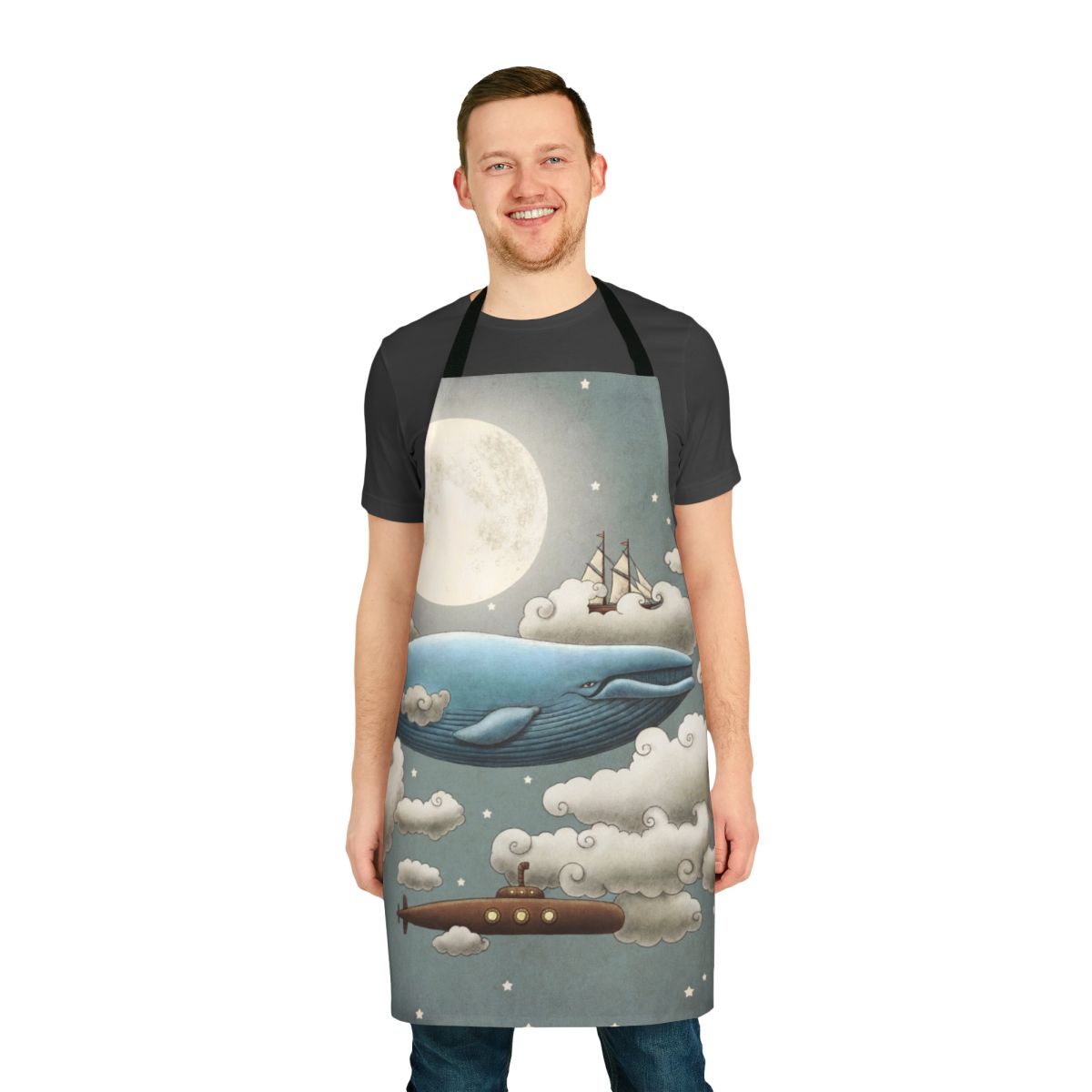 Digital illustration of an apron featuring a whimsical, nautical scene with an ocean, sky, and various elements like a blue whale, tall ships, and a submarine.
