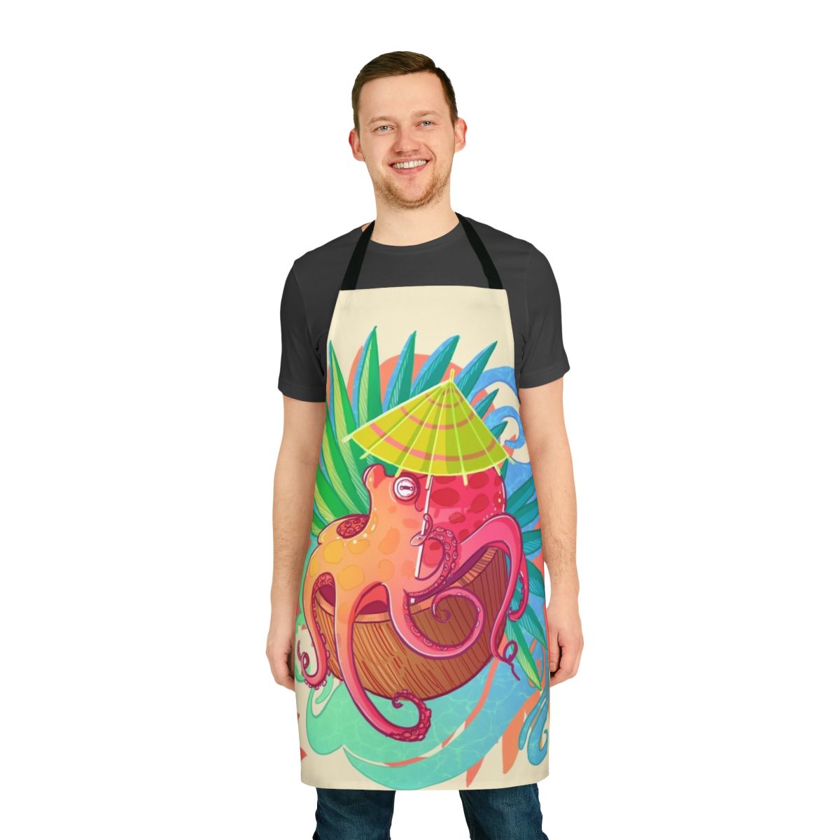 Colorful cartoon octopus design on a high-quality apron, perfect for the beach or summer kitchen.