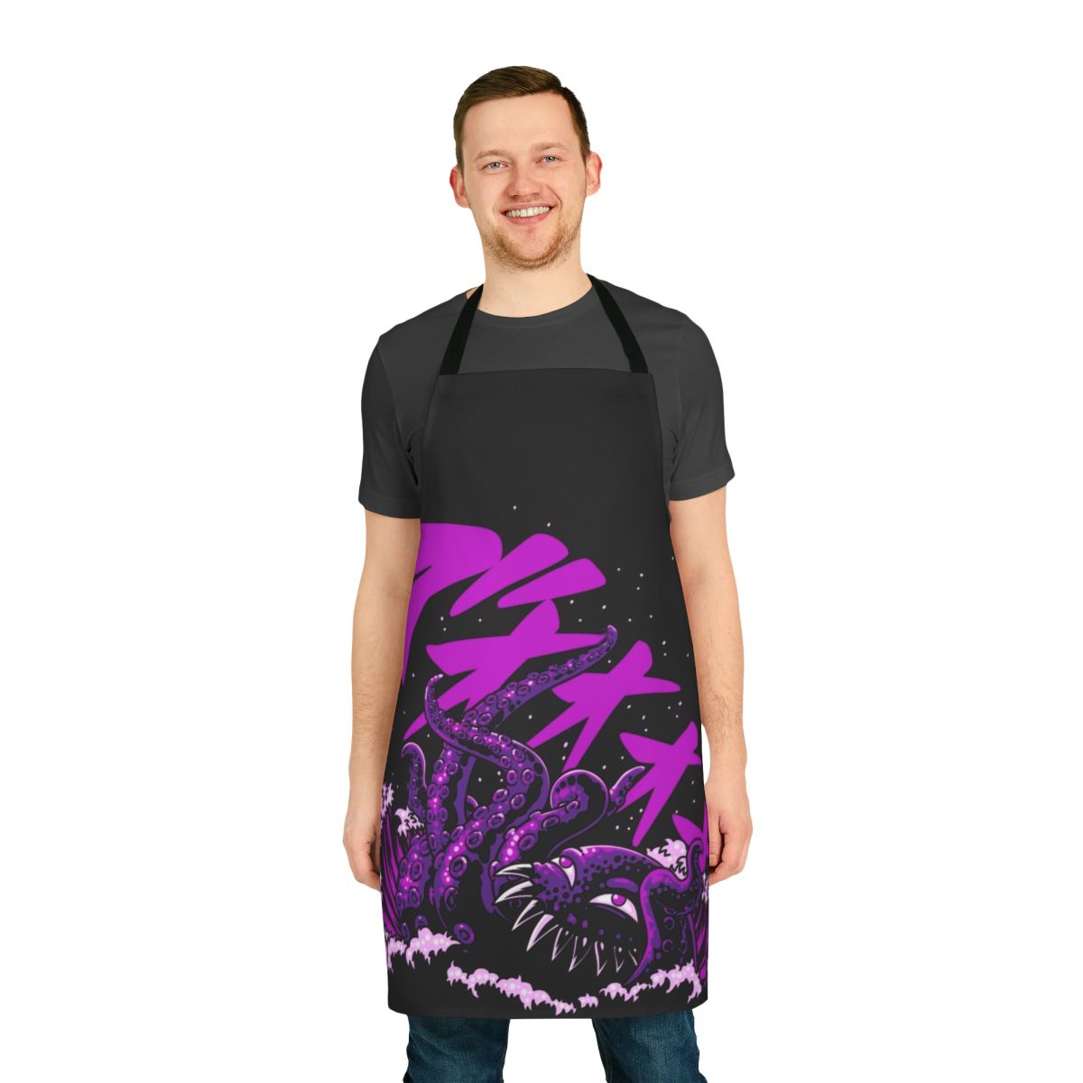 Whimsical octopus-themed apron with fantasy sea monster design in pink and purple colors