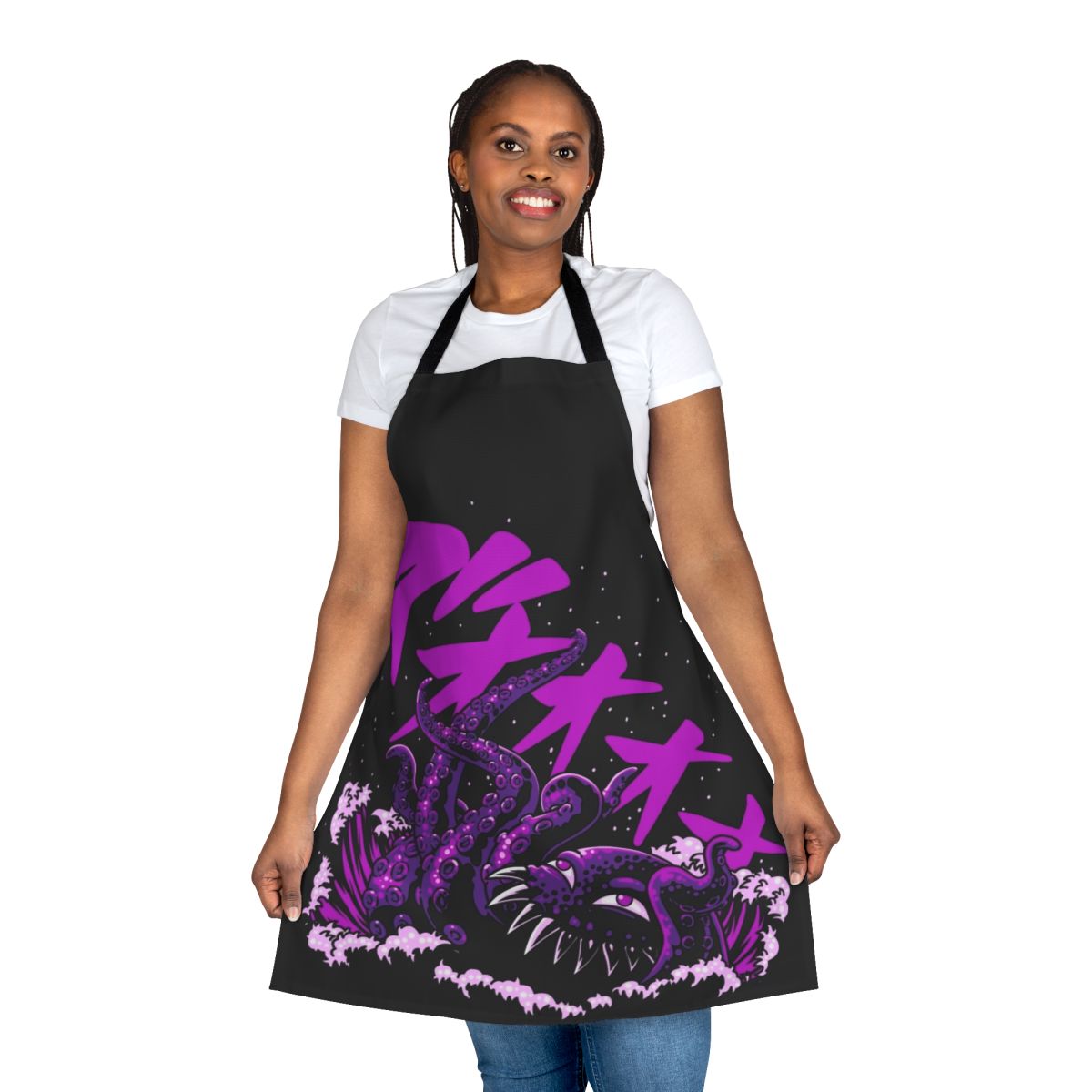 Whimsical octopus-themed apron with fantasy sea monster design in pink and purple colors