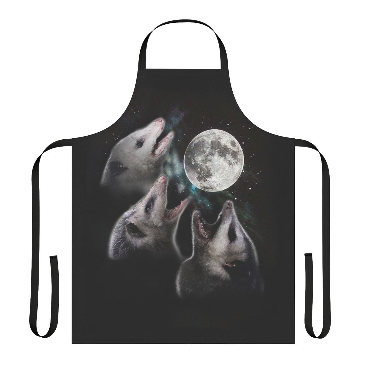 Illustration of three opossums under a crescent moon on an apron