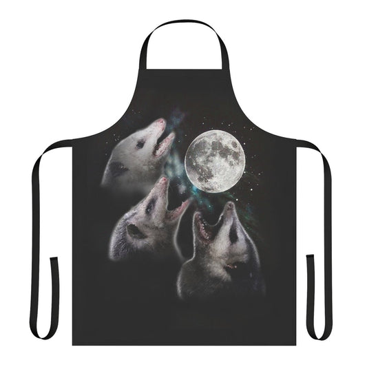 Illustration of three opossums under a crescent moon on an apron