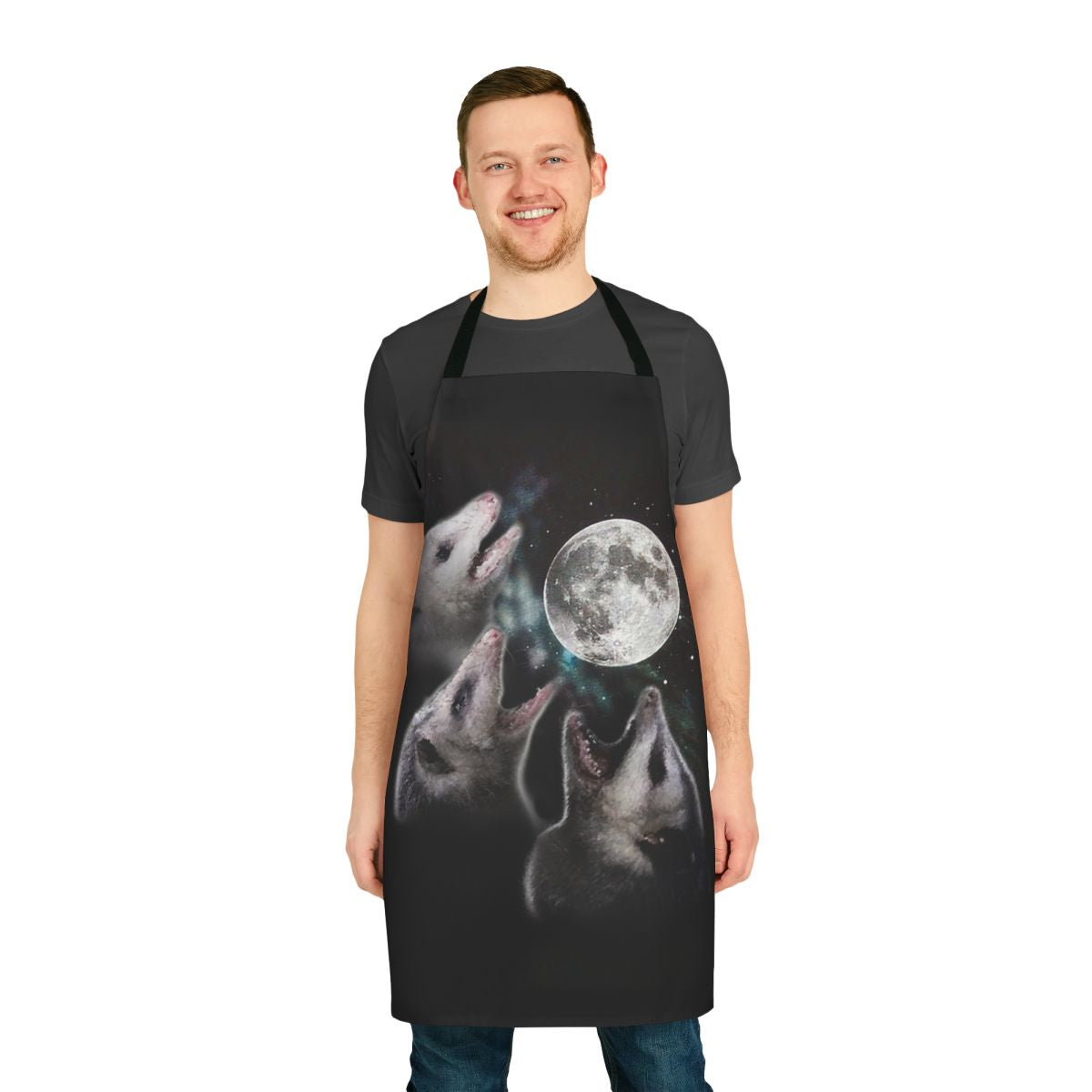 Illustration of three opossums under a crescent moon on an apron