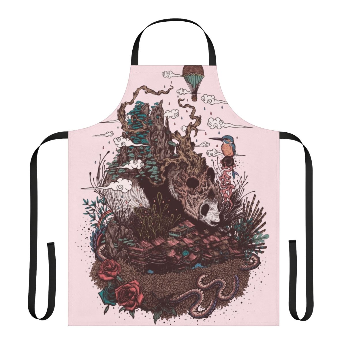 Whimsical illustration of a panda bear in a mountain landscape with autumn foliage