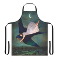 A whimsical apron featuring a surreal, fantasy-inspired design with a Paris skyline, moon, and stars