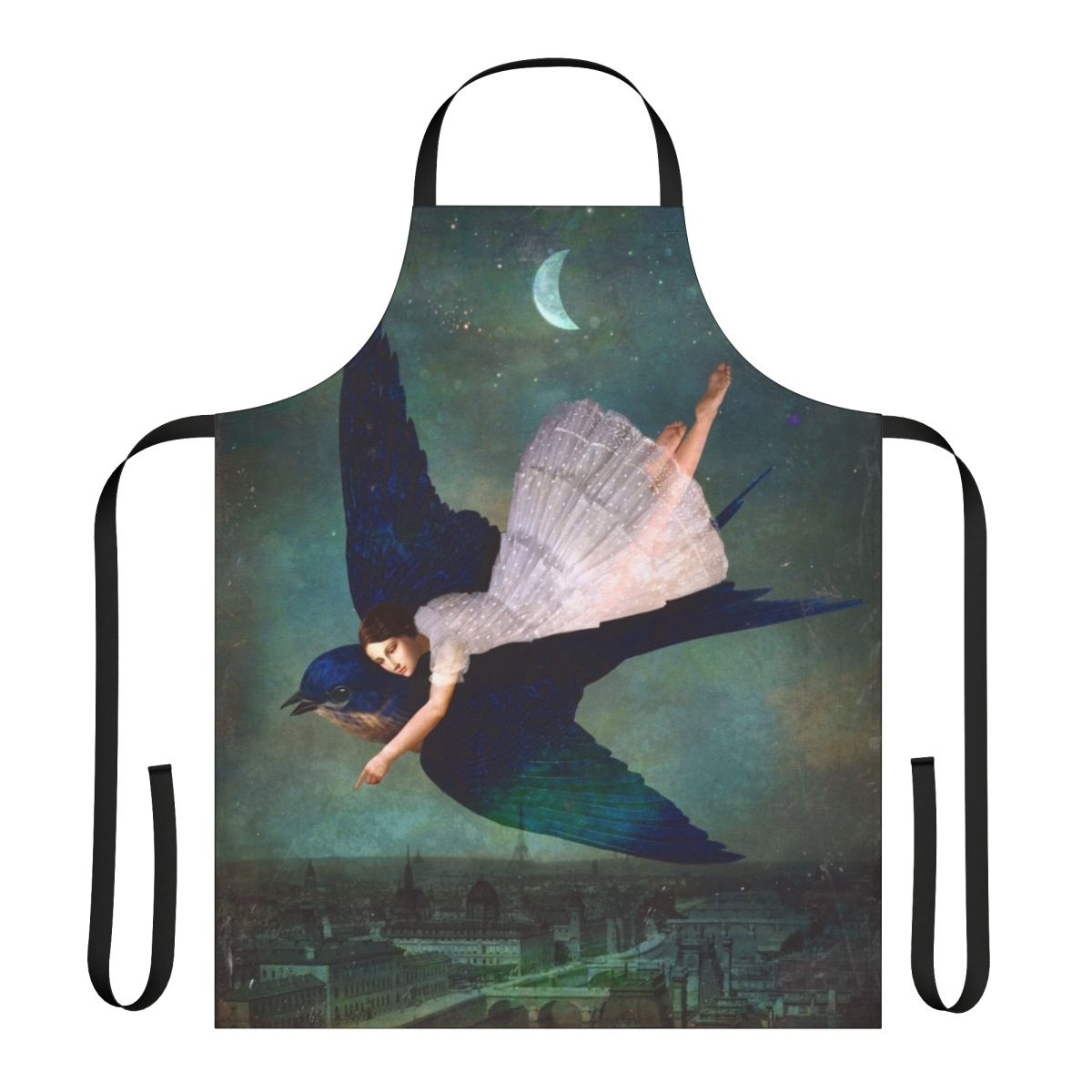 A whimsical apron featuring a surreal, fantasy-inspired design with a Paris skyline, moon, and stars