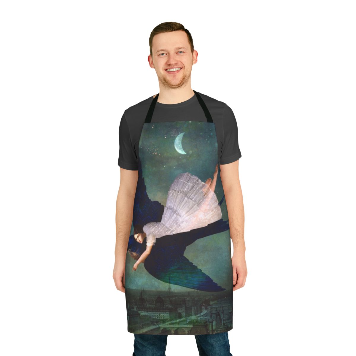 A whimsical apron featuring a surreal, fantasy-inspired design with a Paris skyline, moon, and stars