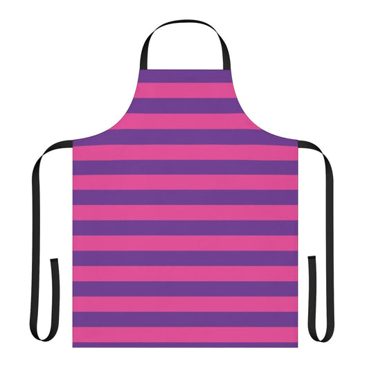 Pink and purple striped apron with a cheshire cat design