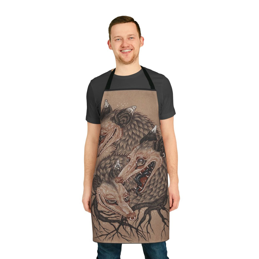 A whimsical and cute apron featuring a possum or opossum design, perfect for the kitchen.