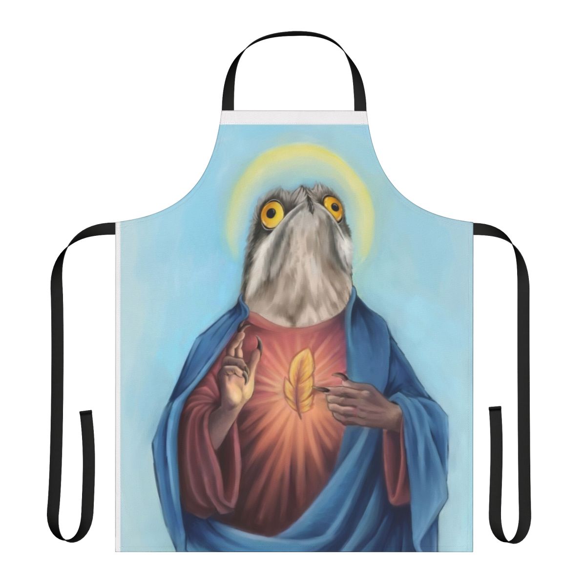 An apron featuring a whimsical illustration of a potoo bird with a Christian meme-inspired design.