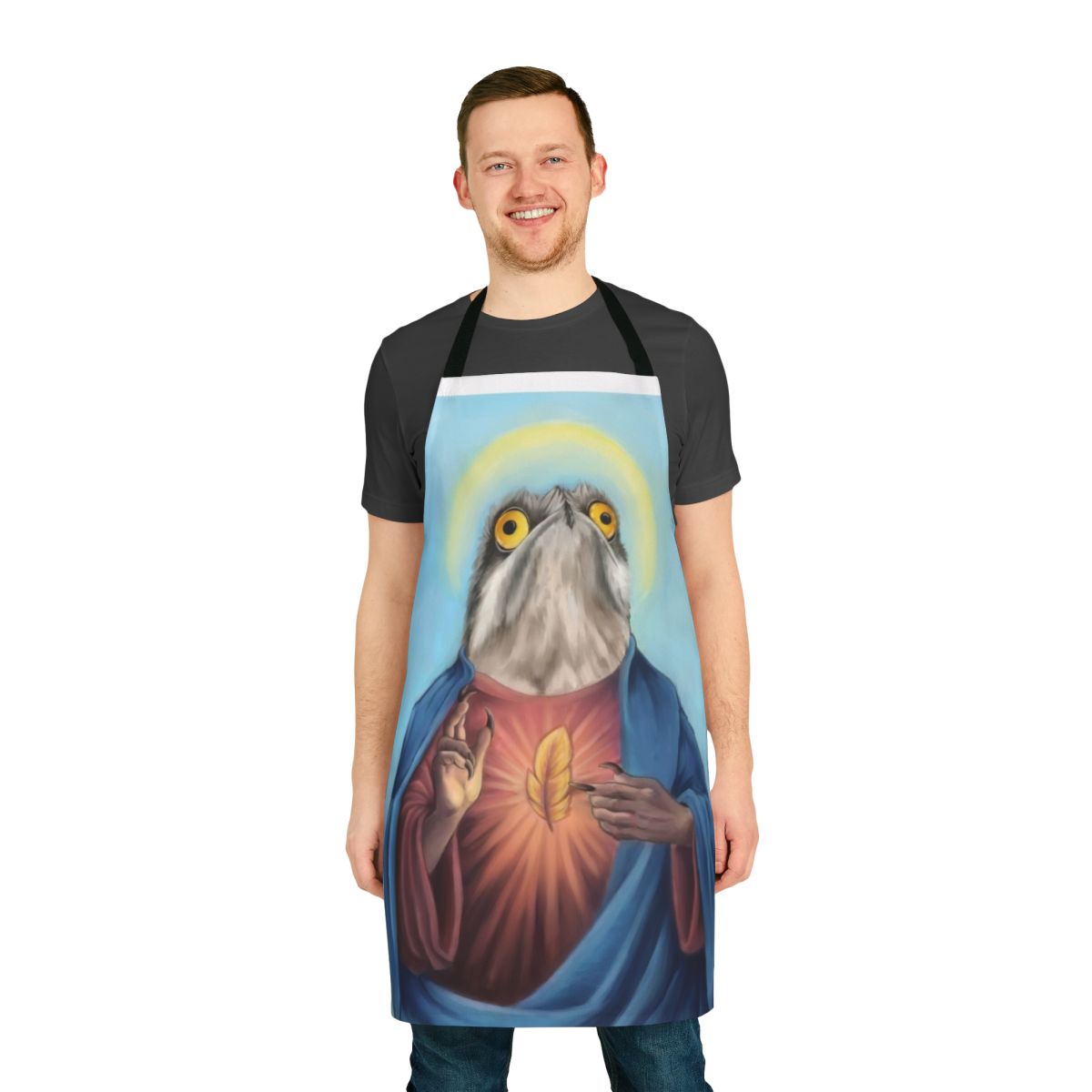 An apron featuring a whimsical illustration of a potoo bird with a Christian meme-inspired design.