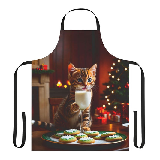 Whimsical apron featuring a cat dressed as Santa's helper in a colorful, surreal digital artwork design.