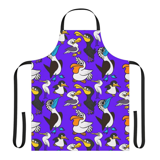 Cartoon illustration of a flock of seabirds printed on a blue apron