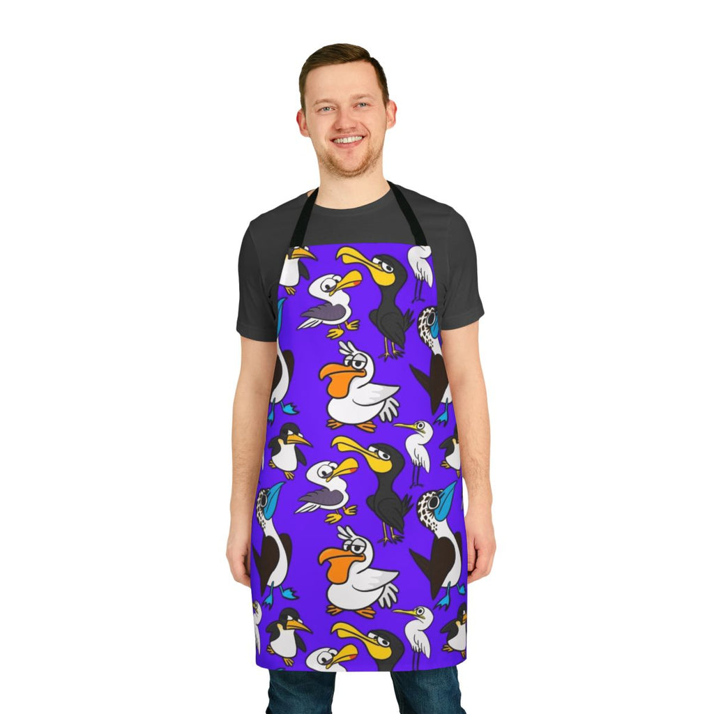 Cartoon illustration of a flock of seabirds printed on a blue apron