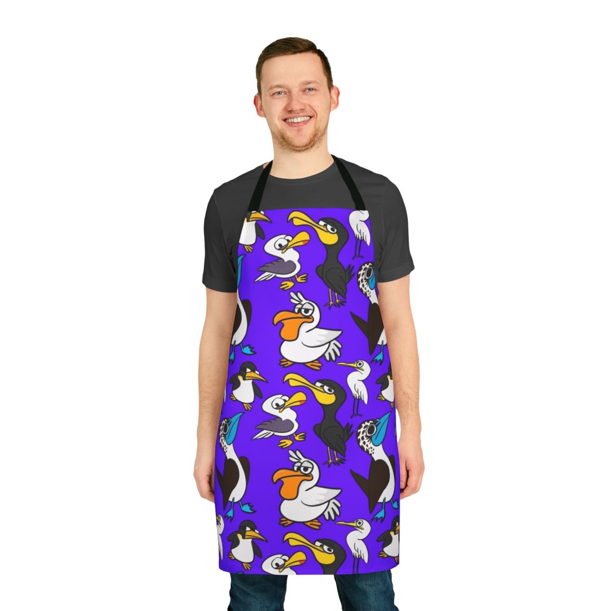 Cartoon illustration of a flock of seabirds printed on a blue apron