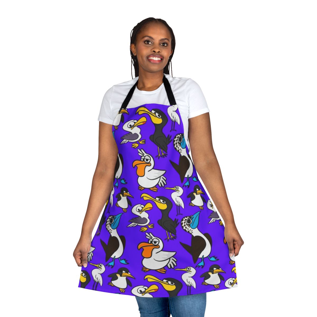 Cartoon illustration of a flock of seabirds printed on a blue apron